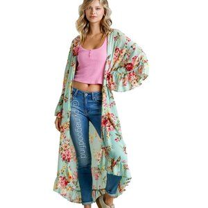 Easel Flyaway Mint Bell Sleeve Front Tie Kimono Coverup NWT